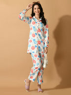 Myshka Women's White Printed Shirt With Trousers