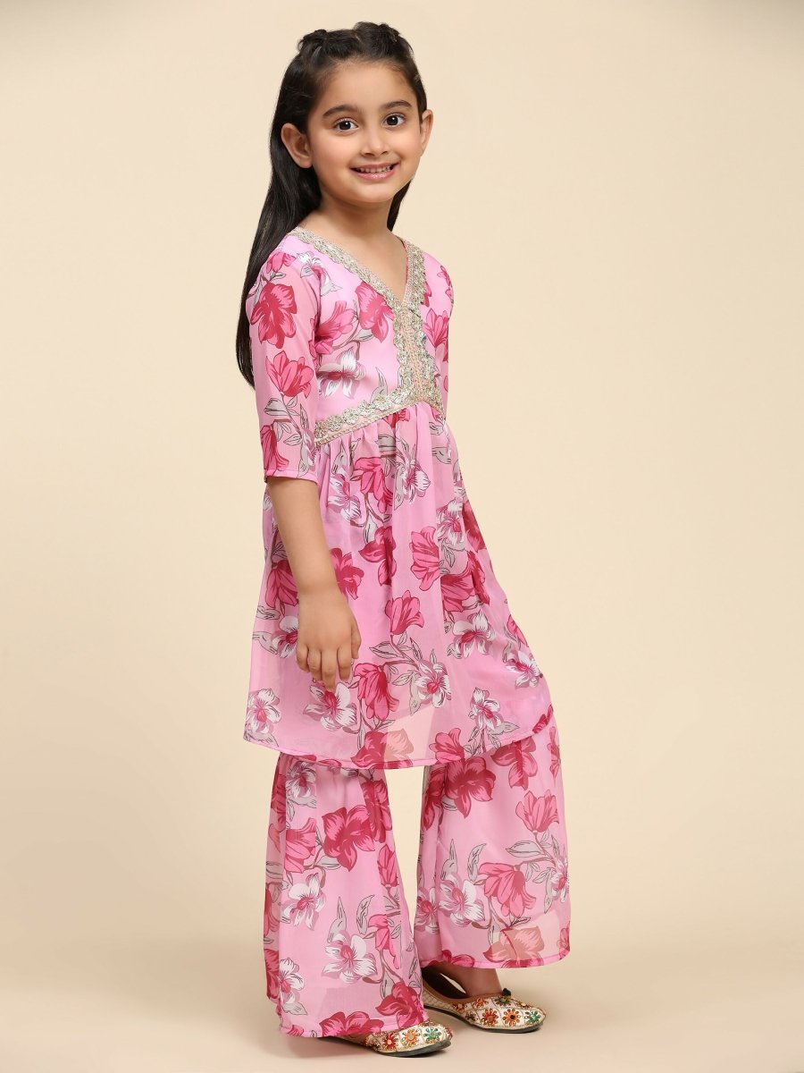 Alakhi Studio Girls Floral Georgette Printed V-Neck Kurta With Sharara - Pink