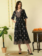 Myshka Women's Black Printed Cotton Party Dress - Distacart