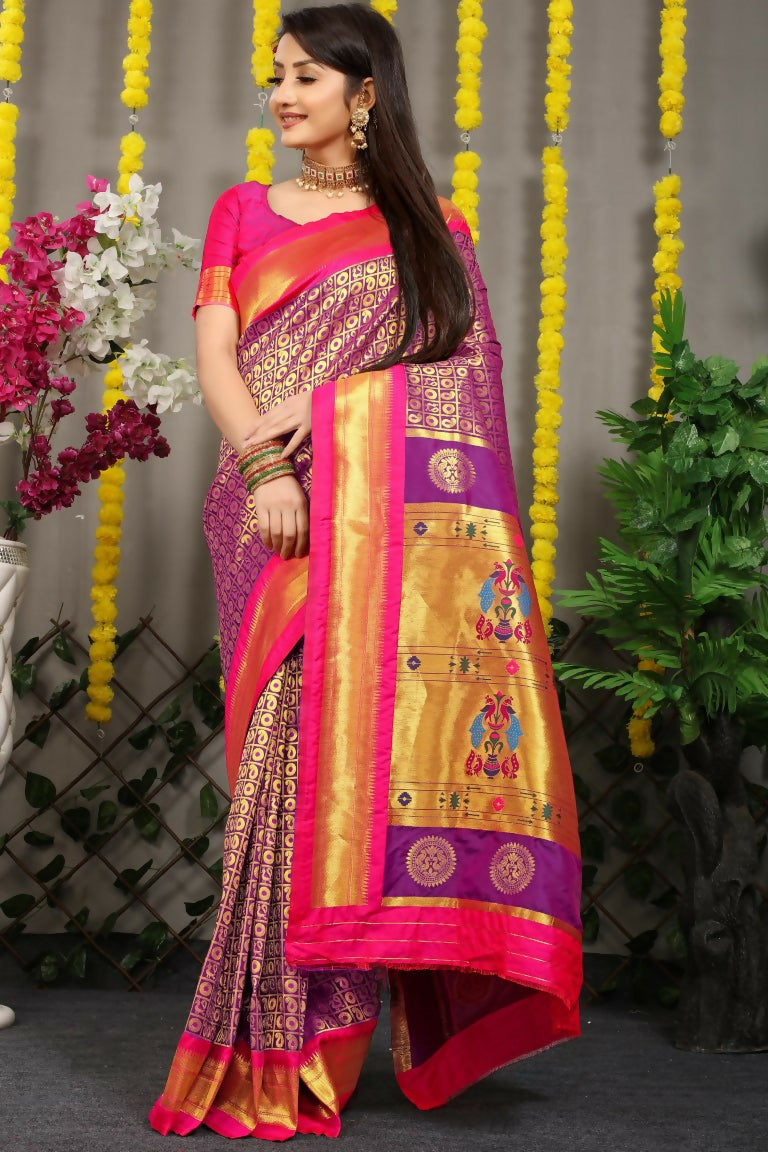 Jyoti Fashion Women's Purple Banarasi Silk Zari Woven Saree with Blouse
