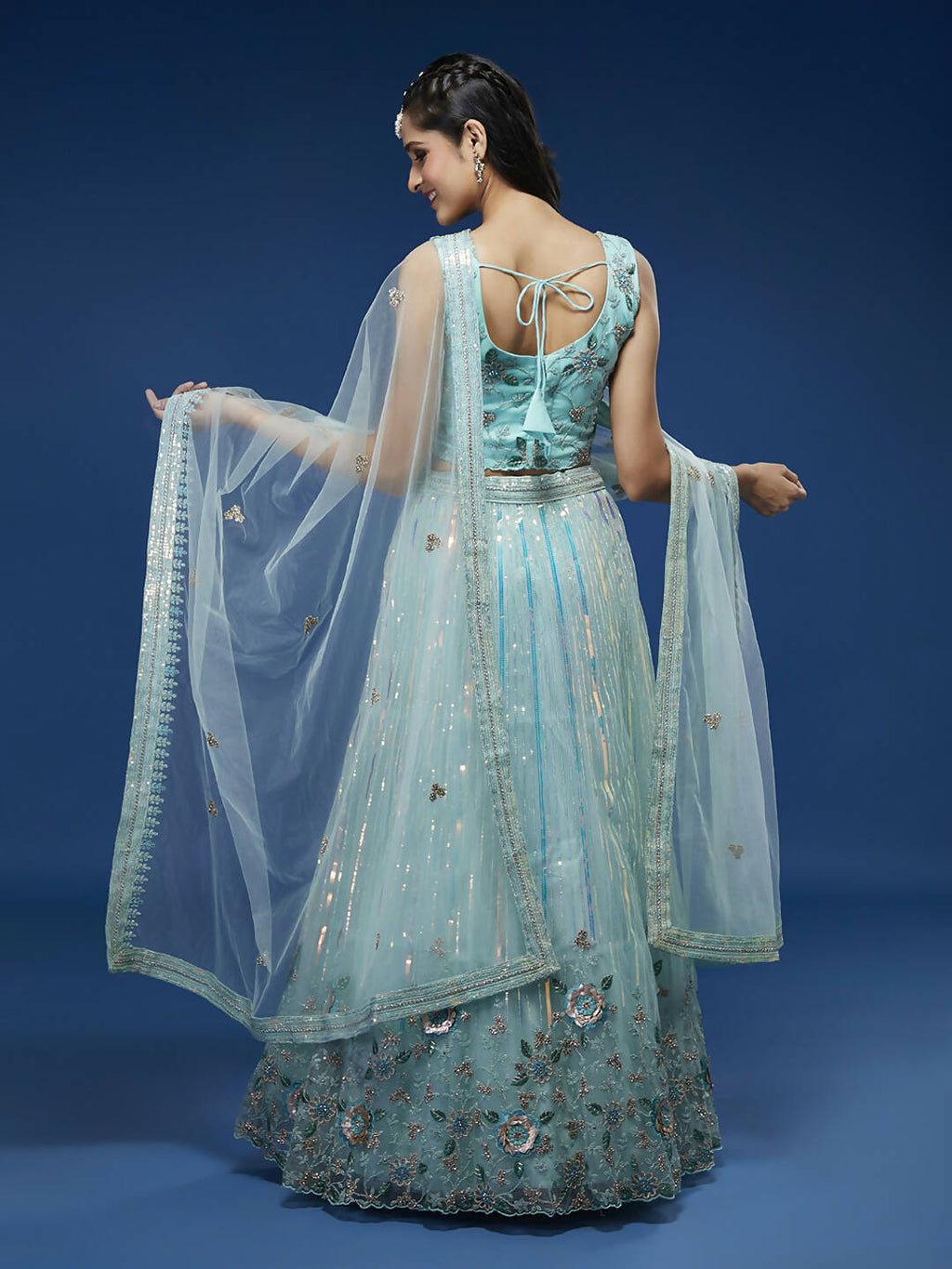 House of Panchhi Turquoise Blue Net Sequinse Work Lehenga & Blouse, Dupatta