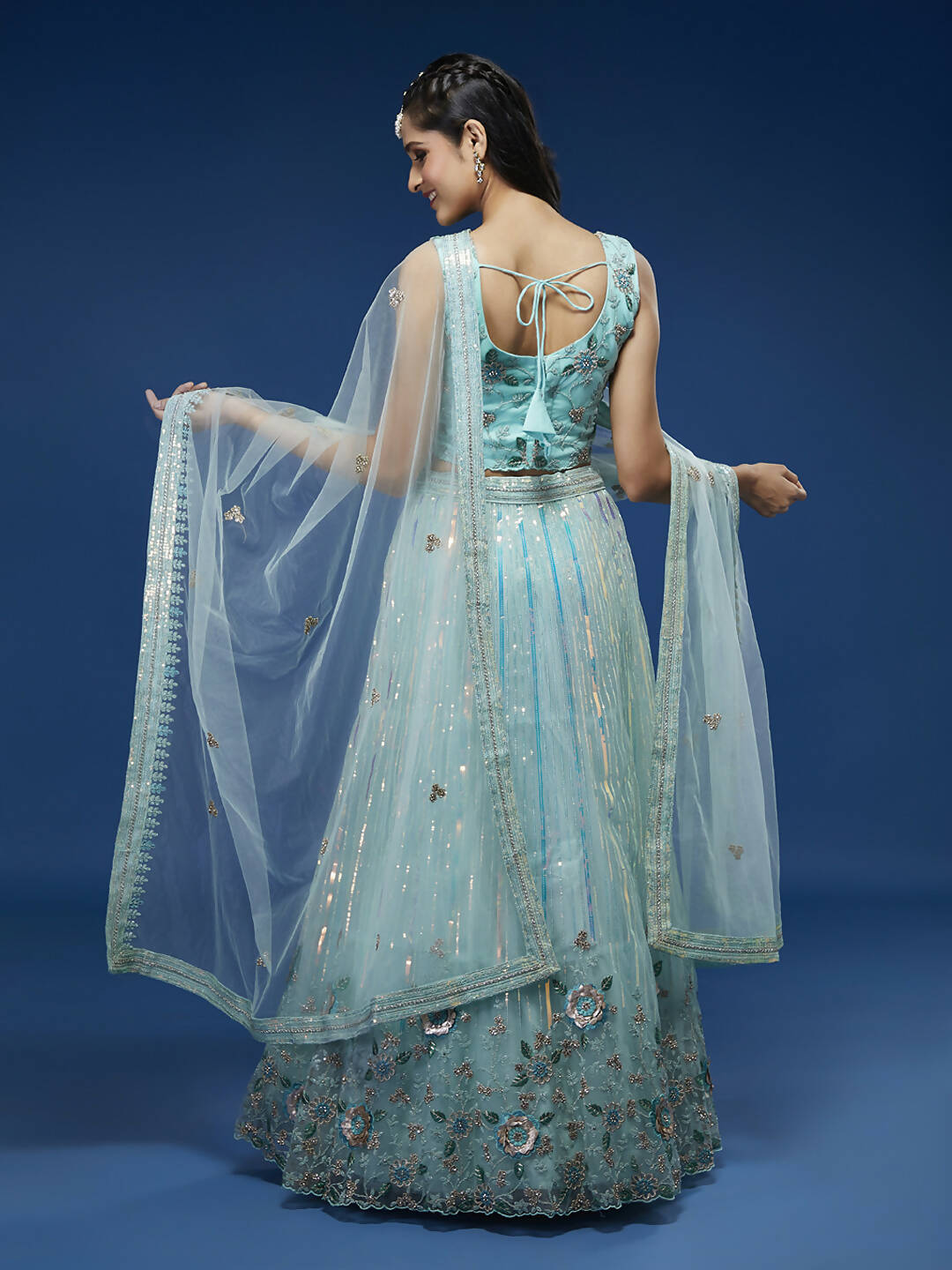 House of Panchhi Turquoise Blue Net Sequinse Work Lehenga & Blouse, Dupatta