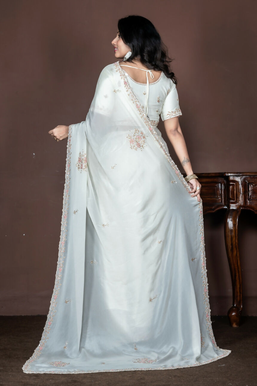 Morchari Off White Chiffon Hand Embroidery Saree And Stitched Blouse - Distacart