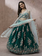 House of Panchhi Teal - Pure Georgette Thread & Sequins Work Lehenga