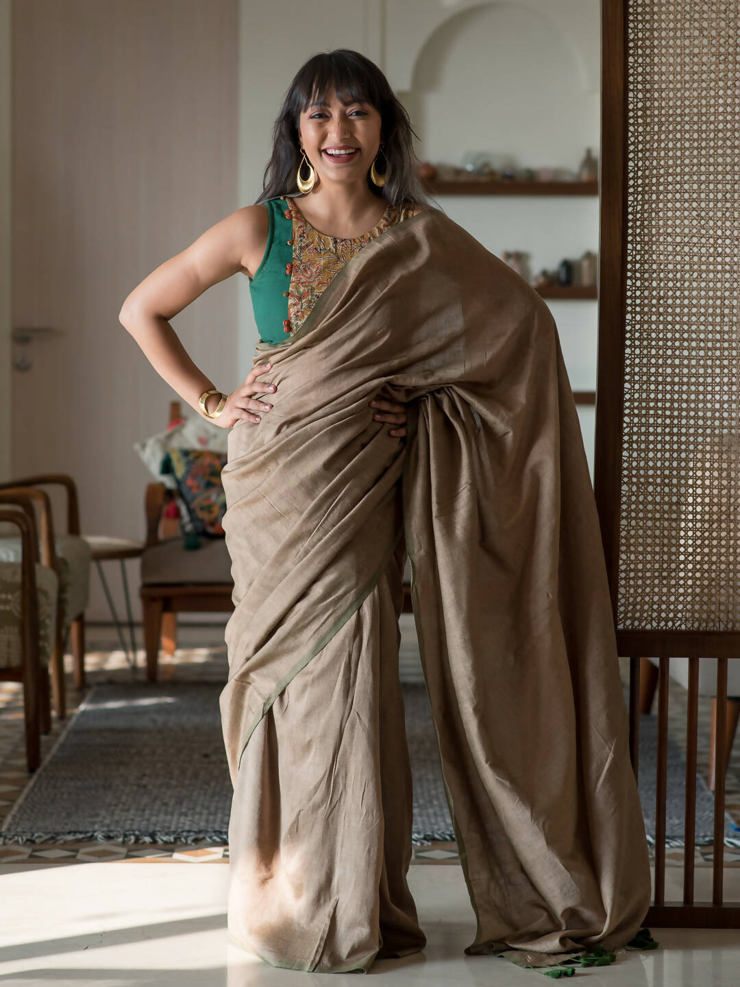 Suta Taupe Solid Cotton Blend Saree