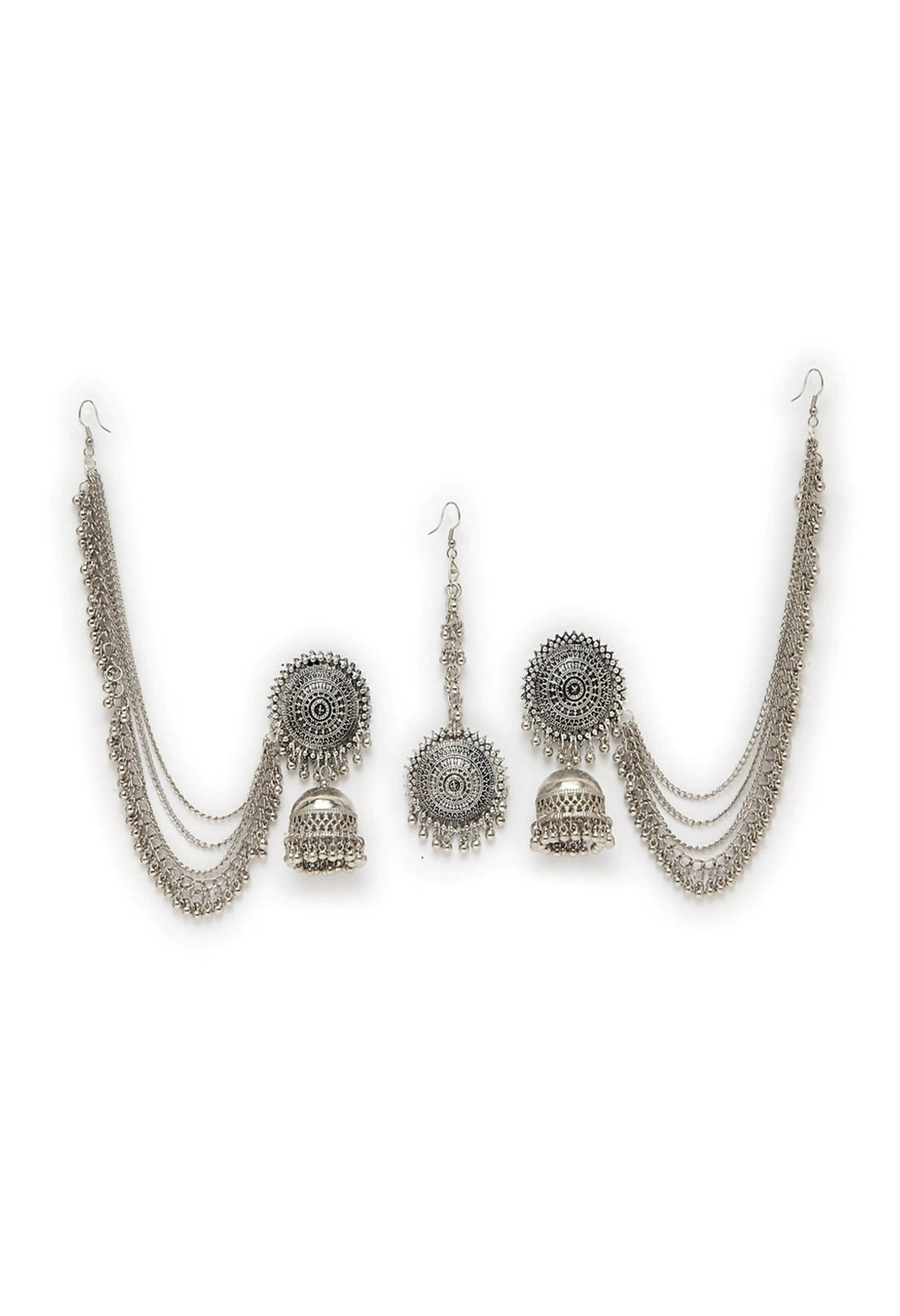 Mominos Fashion Johar Kamal Bahubali Silver Colour Earrings With Tikka - Distacart