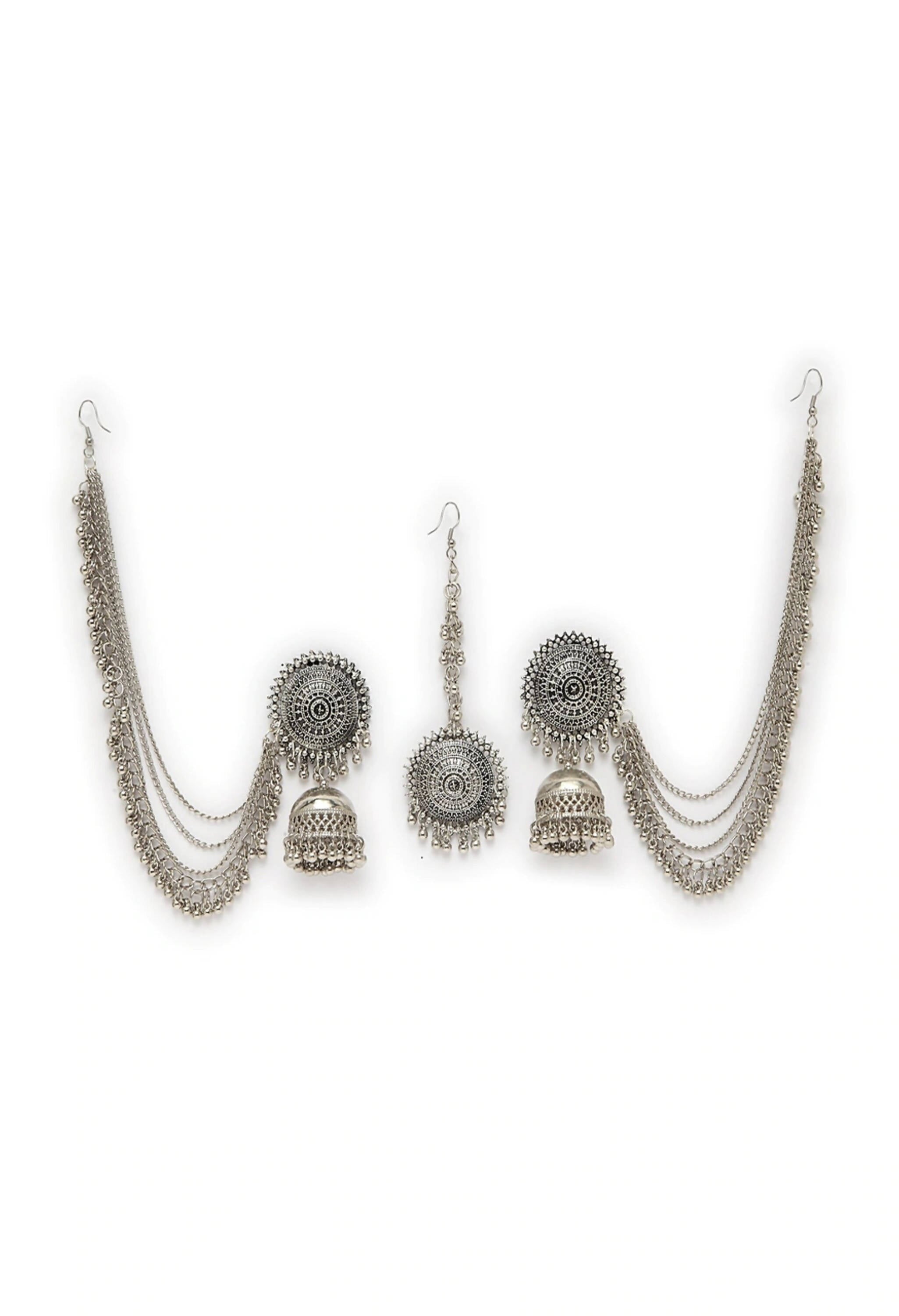 Mominos Fashion Johar Kamal Bahubali Silver Colour Earrings With Tikka - Distacart