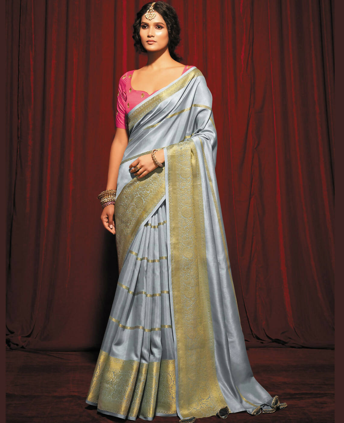 Grey Silk Striped Pattern Saree With Unstitched Blouse Piece - Zyanya