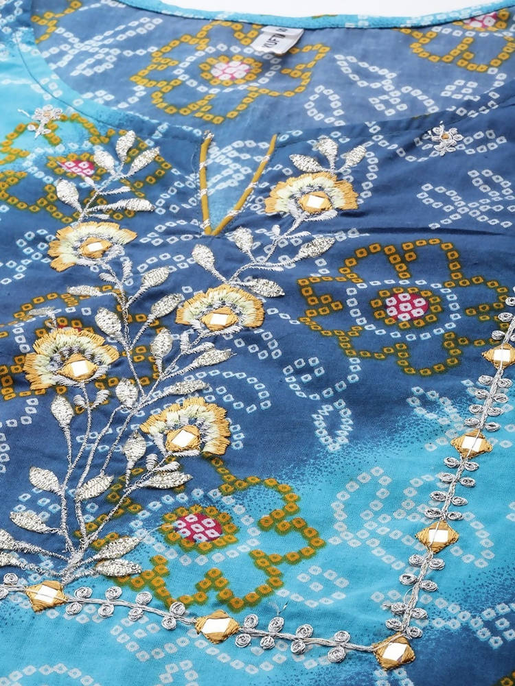 Yufta Women Blue Bandhani Printed Embroidered Detail Cotton Kurta with Trouser & Dupatta
