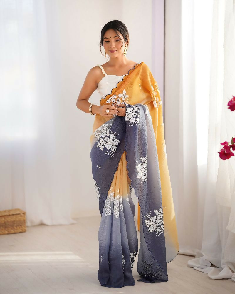 Orange and Grey Crunchy Crush Pedding Color Embroidery Work Party Wear Saree - Zuleika