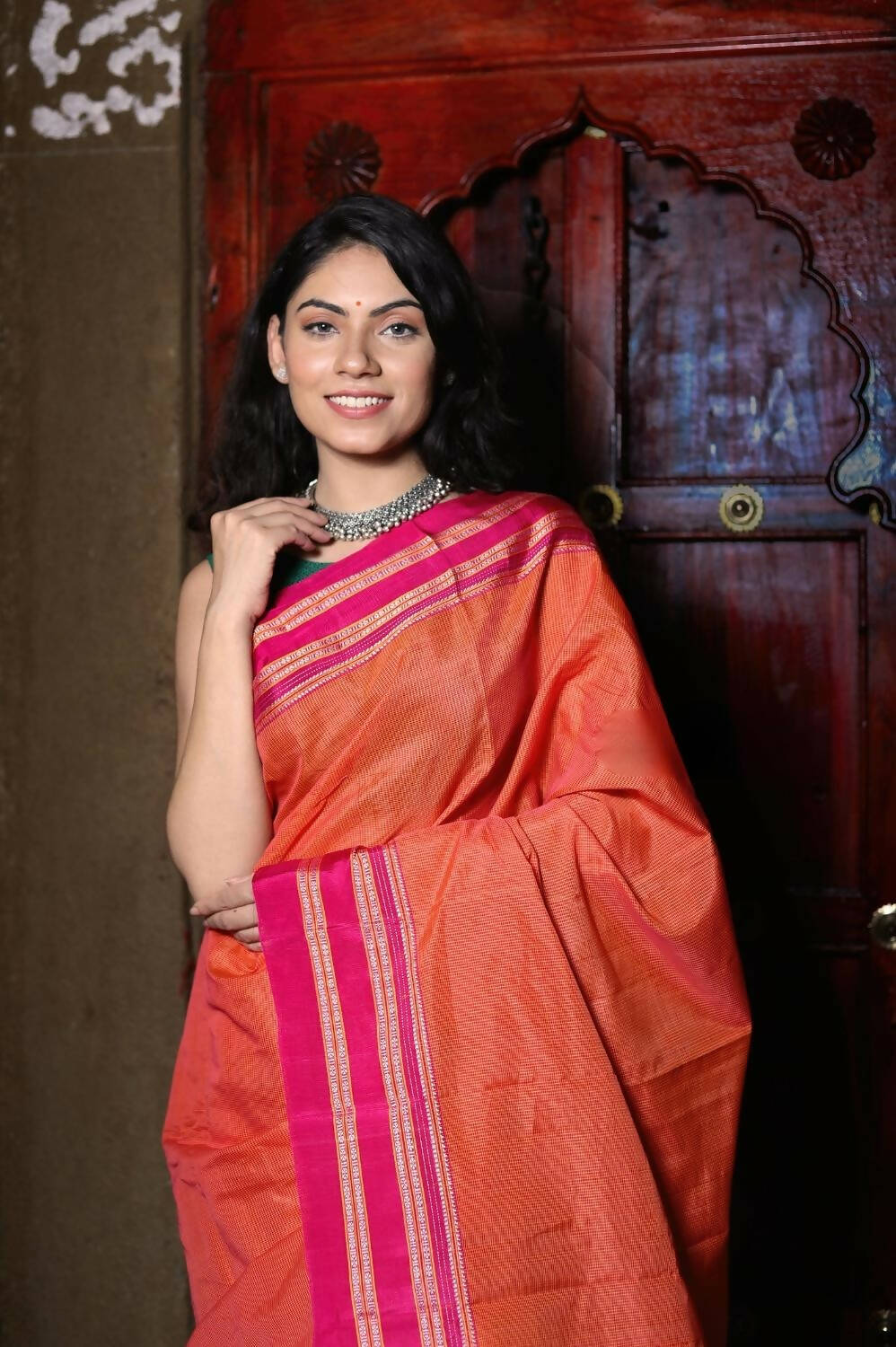 Very Much Indian Handloom Cotton Viscose Ilkal Saree With Pure Resham Pallu - Orange - Distacart
