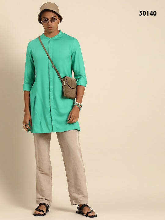 Sea Green Men Viscose rayon Solid Straight Shirt - Mahotsav