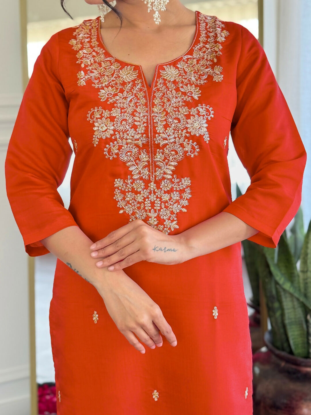 The52 Rust Women's Gorgeous Roman Silk Fabric Straight Kurta, Pant and Dupatta Set - Distacart