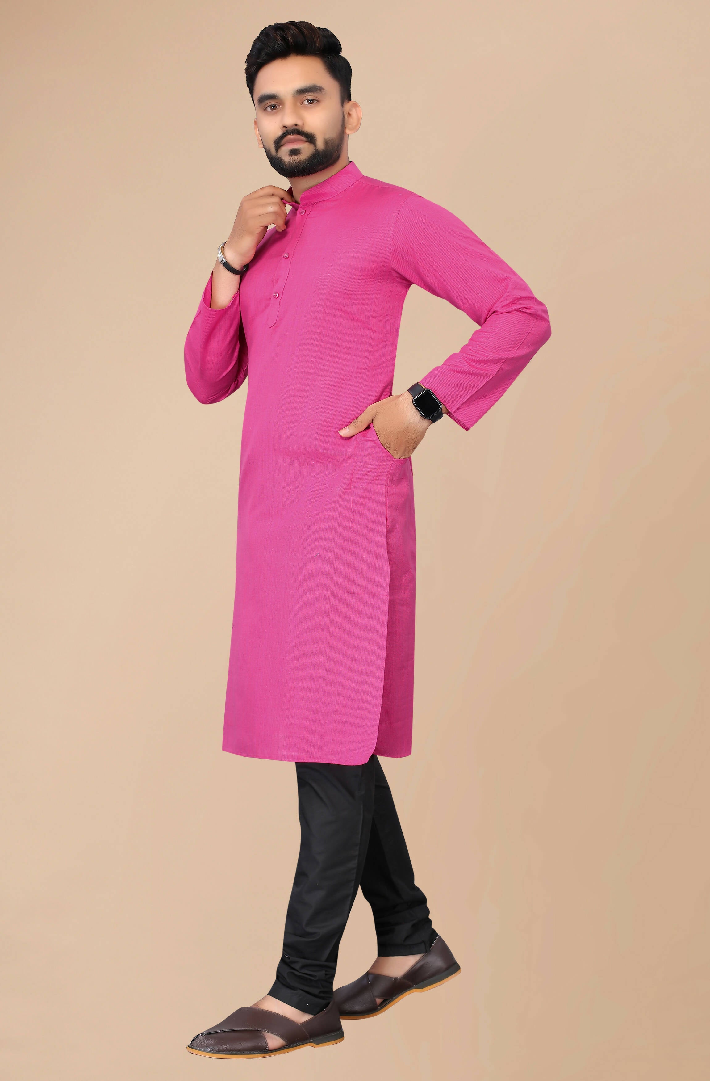 Men's Pink Striped Cotton Kurta - Mahotsav