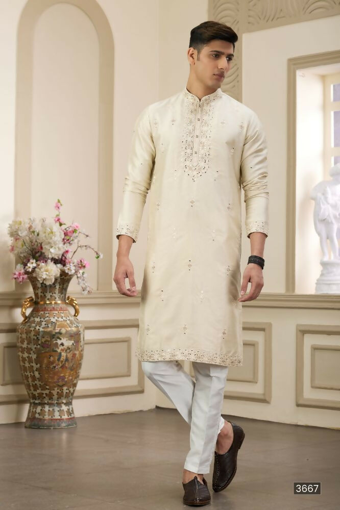 Raivat Ethnic Banarasi Art Silk Thread and Mirror Work Kurta Pajama In Beige Colour