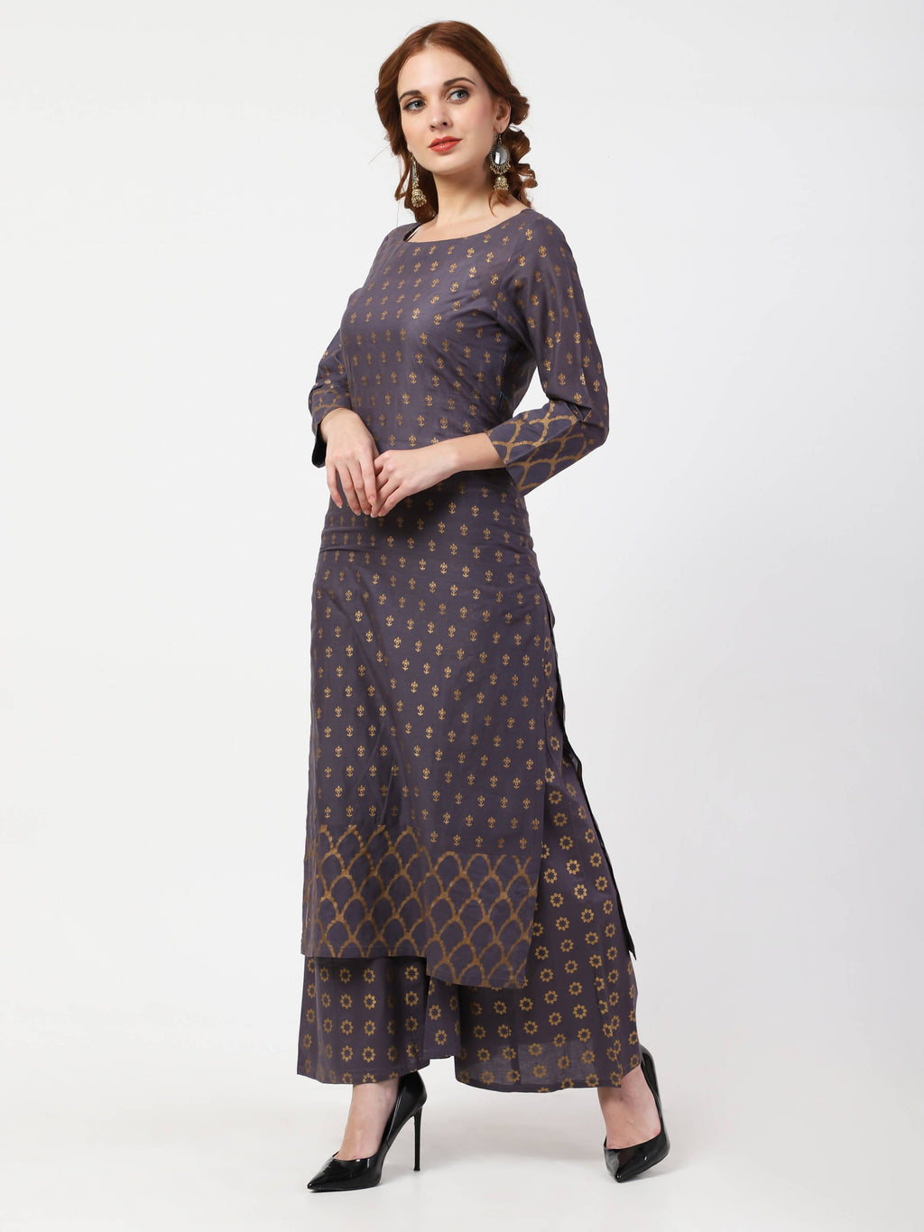 Cheera Printed Gray Kurta Palazzo Set (CH103KP)
