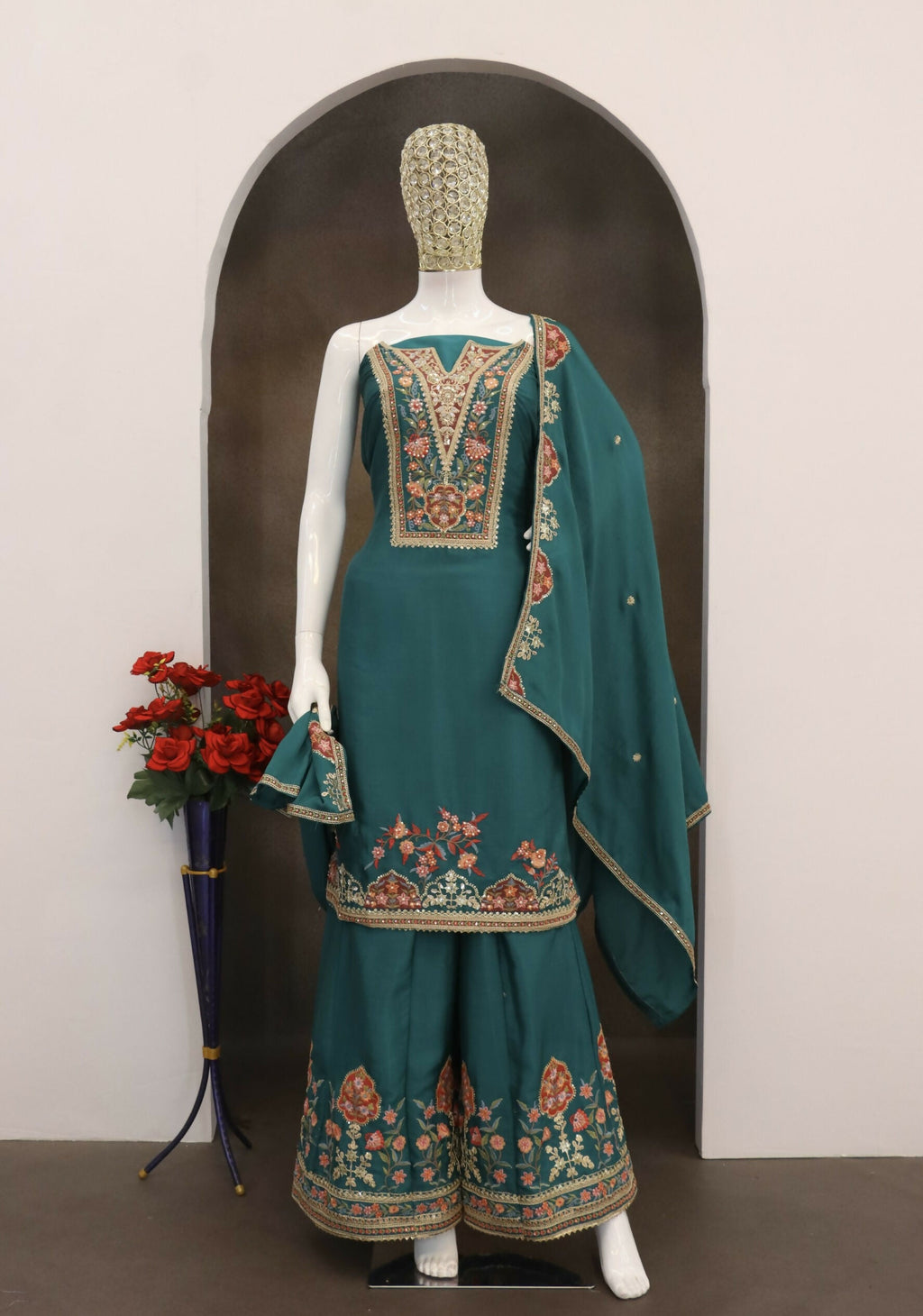 Anaita Teal Blue Chinon Stitched Suit with Embroidery Sequence Work - Distacart