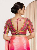Joban Fashion Pink Multi Brocade Padded Blouse With V Neck Elbow Sleeves - Distacart