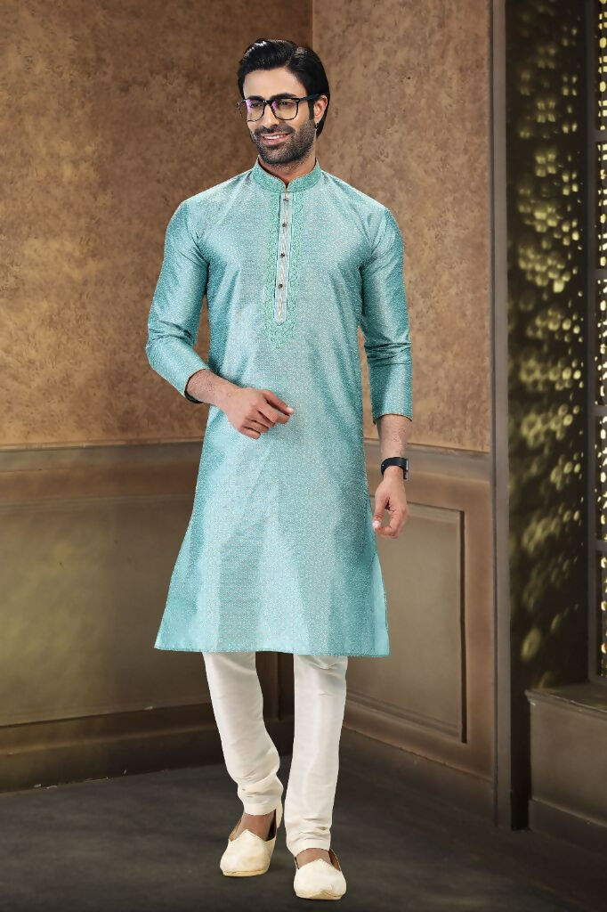 Raivat Ethnic Jacquard Banarasi Silk Thread Work Kurta Pajama In Sky Blue Colour - Distacart