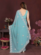 PR Fashion Turquoise Georgette Embroidery Work With Embroidery Work Blouse Saree