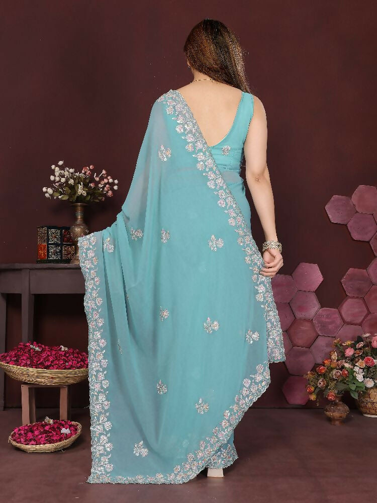 PR Fashion Turquoise Georgette Embroidery Work With Embroidery Work Blouse Saree