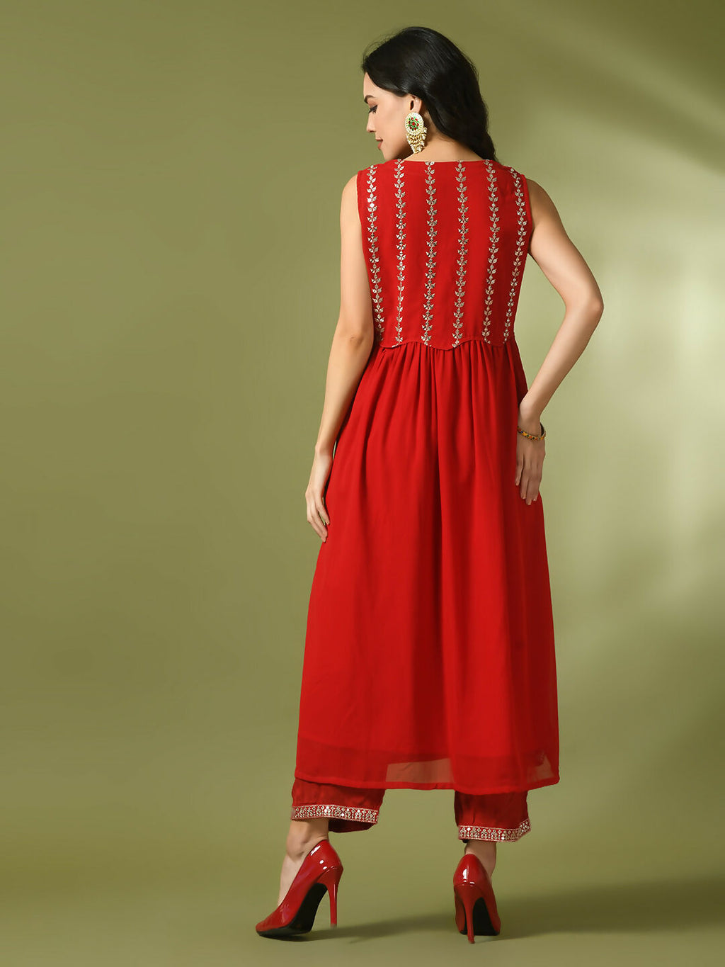 Myshka Women's Red Embroidered Georgette Anarkali Party Kurta Set