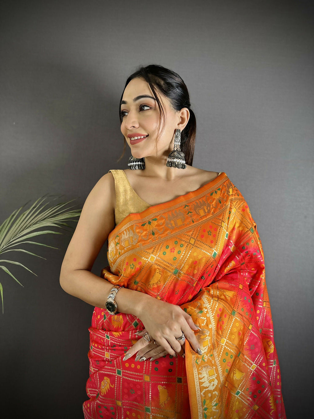 Joban Fashion Pastel Orange Geometric Pattern Soft Silk Patola Saree - Distacart