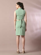 Myshka Women's Sea Green Solid Shawl Neck Party Top With Skirt Co-ord set