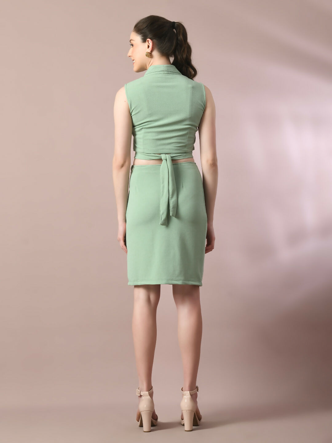 Myshka Women's Sea Green Solid Shawl Neck Party Top With Skirt Co-ord set