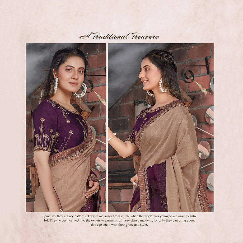 Beige, Purple Colored Tussar Silk Embroidered Saree With Blouse - Norita Royal Adveka