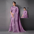 Purple Lycra Raw Silk Sequins Embroidery, Applique Work Saree - Norita Eileen