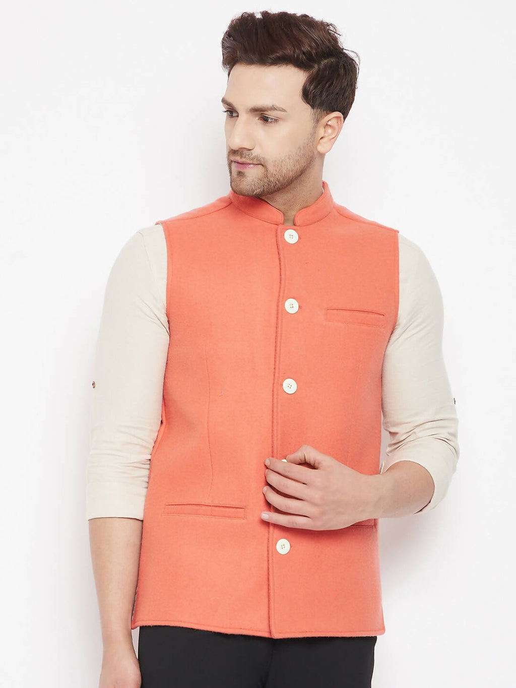 Even Apparels Orange Wool Men Woven Nehru Jacket - Distacart