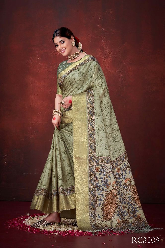 Pista Green Poly Habotai Silk Foil Print Saree with Unstitched Blouse - Kathari