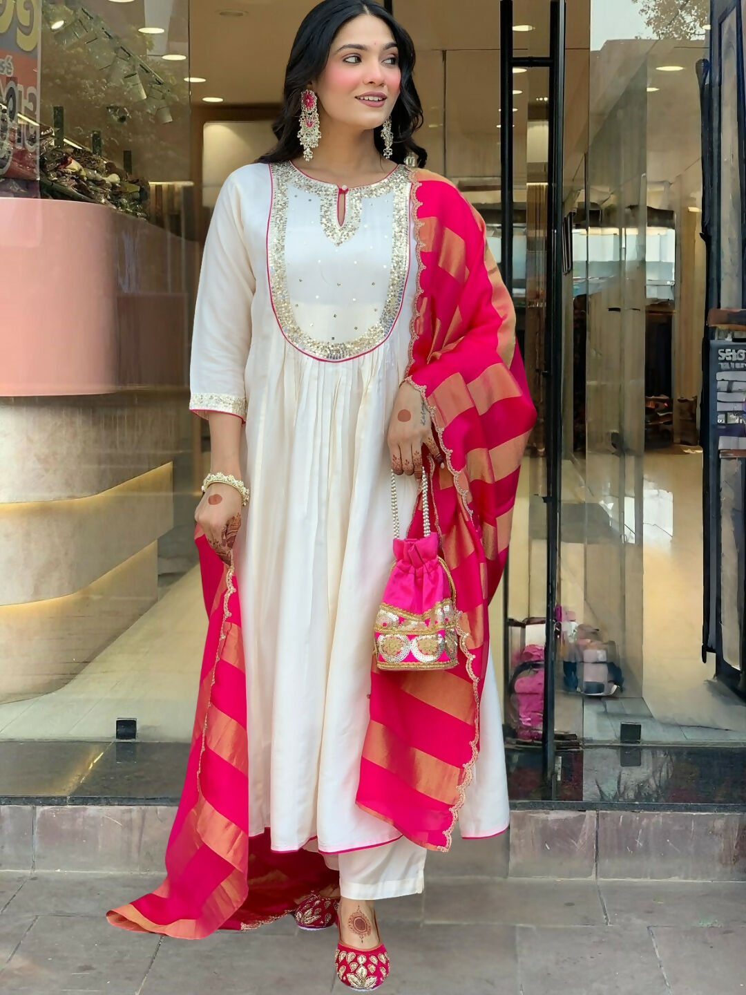 The52 White Women's Gorgeous Embroidered Work Chanderi Fabric Flared Kurta Pant and Dupatta Set - Distacart