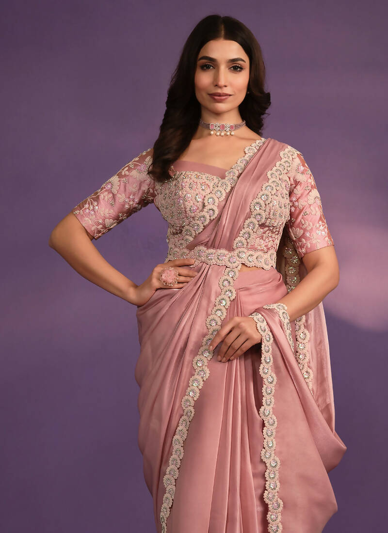 Pink Crepe Georgette Silk Embroidered Saree With Stitched Blouse - Mohmanthan Exotica