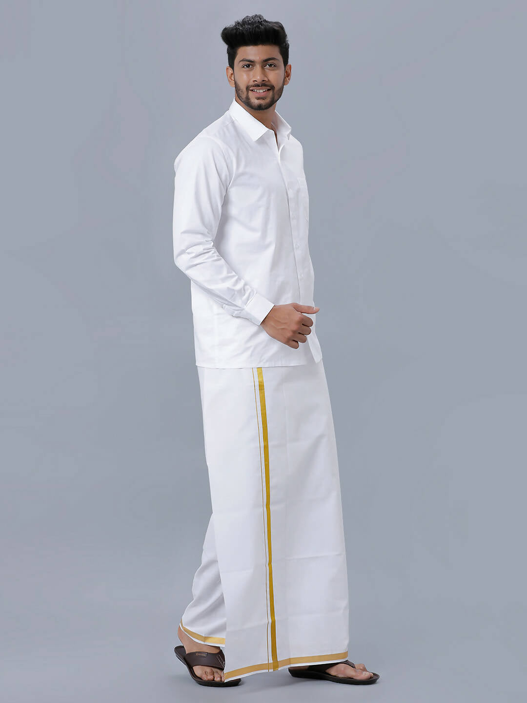 Ramraj Cotton Mens Pure Cotton 3/4 Inch Gold Jari Dhoti - White