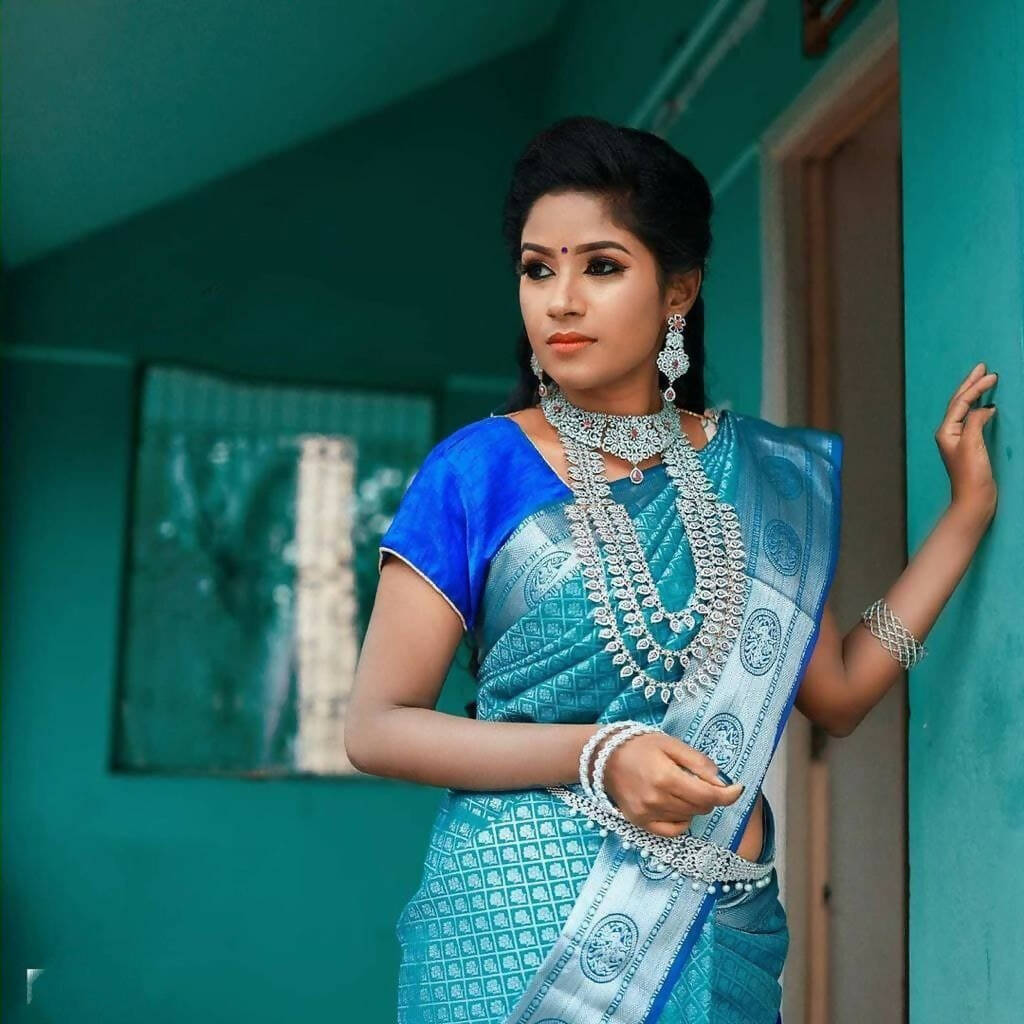 DEIANA'S Beautiful Designer Golden zari Soft Lichi Silk Saree - Sky