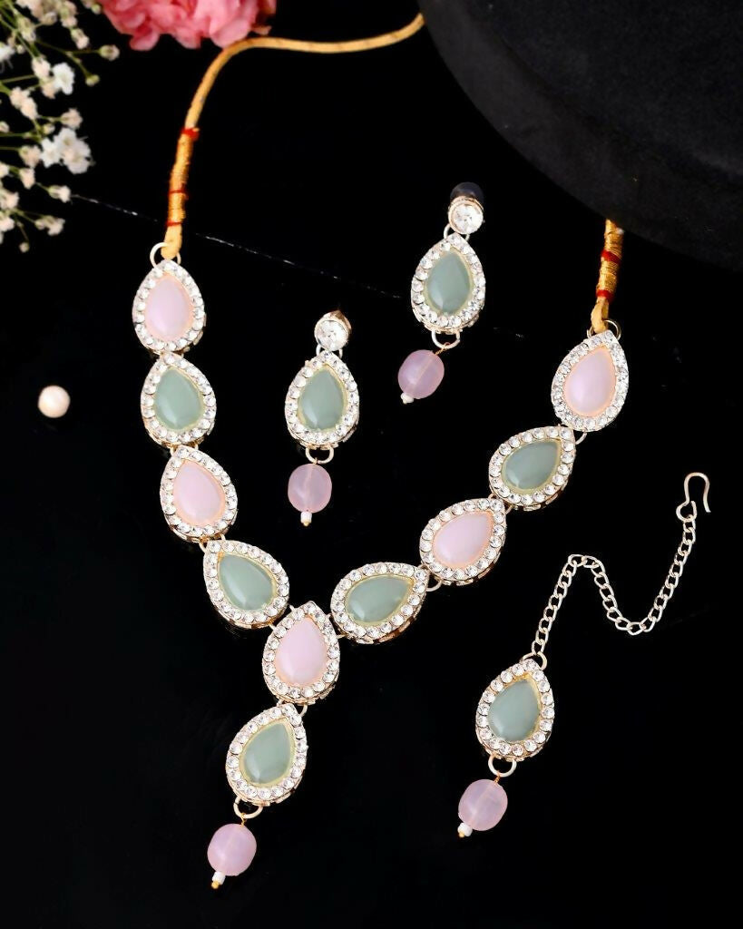 VOJ Gold-Polished Nude Pink And Mint Green Stone Studded Jewellery Set With Maang Tikka