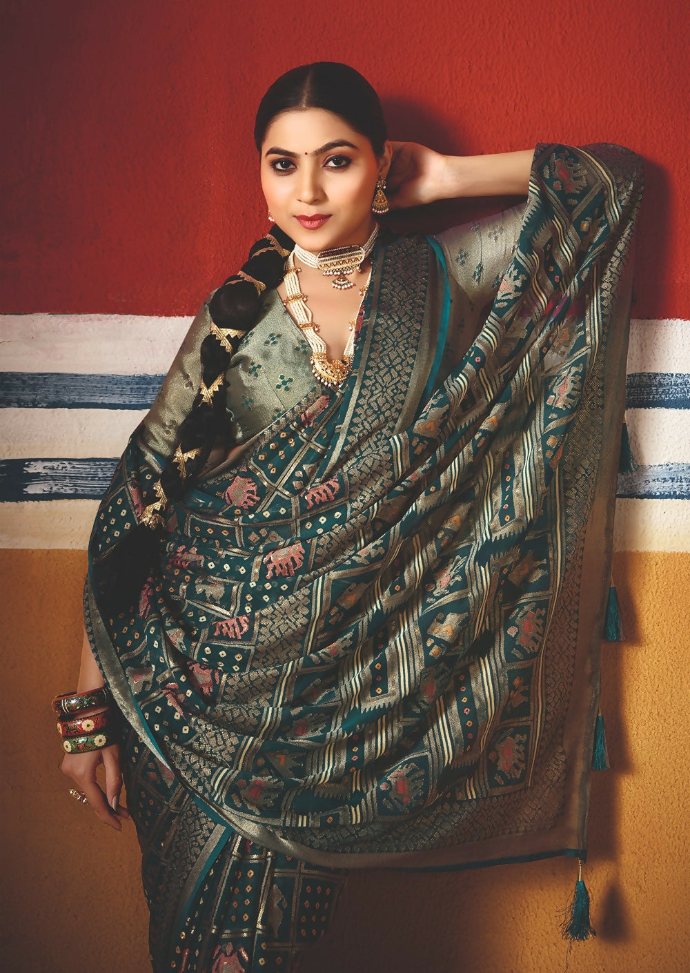 Joban Fashion Teal Blue Dull Moss Brasso Saree - Distacart