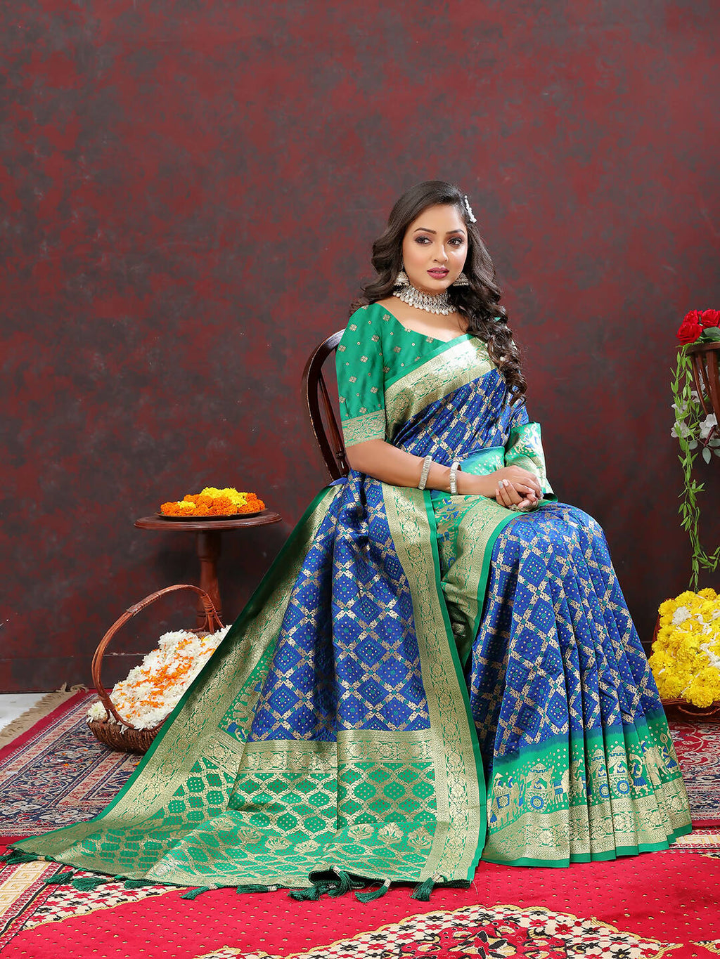 Lorenvalley Fashion Blue & Green Patola Silk Woven Design Meenakari Weaving Saree