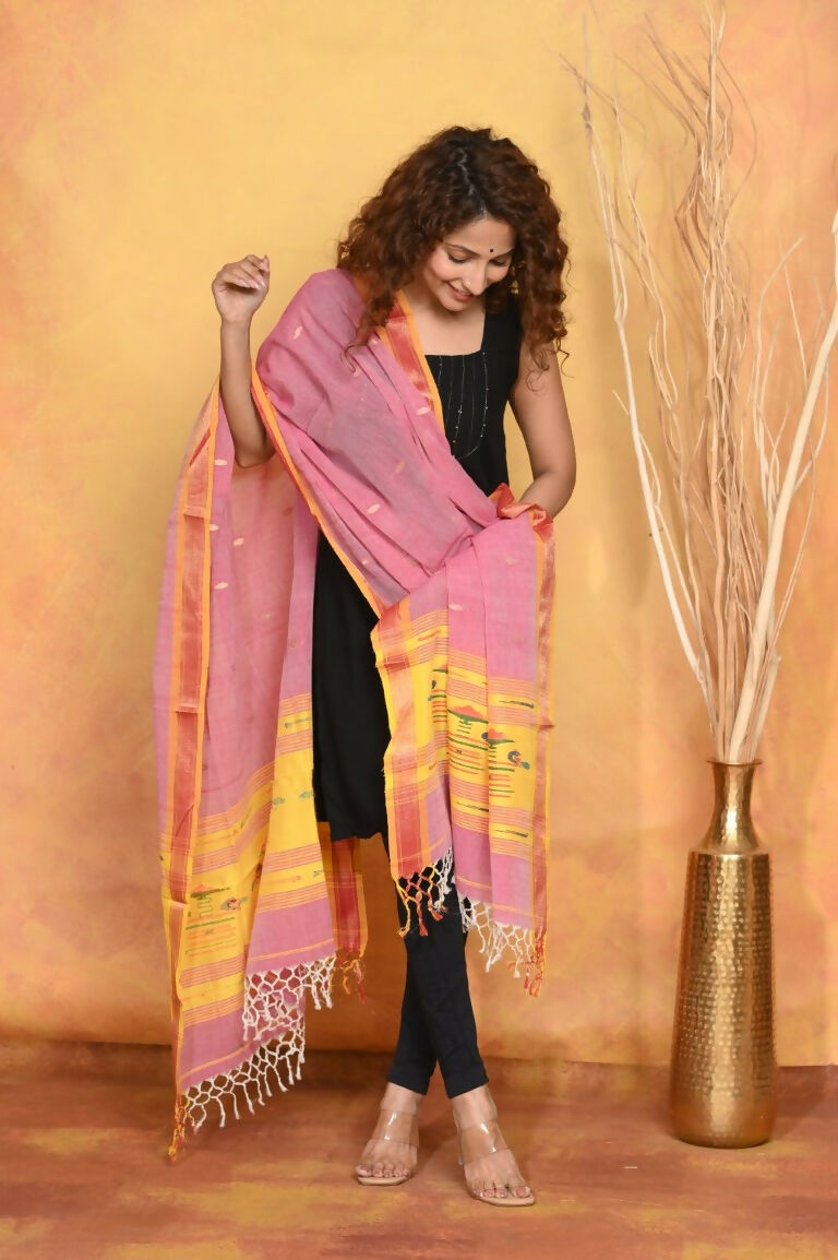Very Much Indian Handloom Pure Cotton Paithani Dupatta Pink