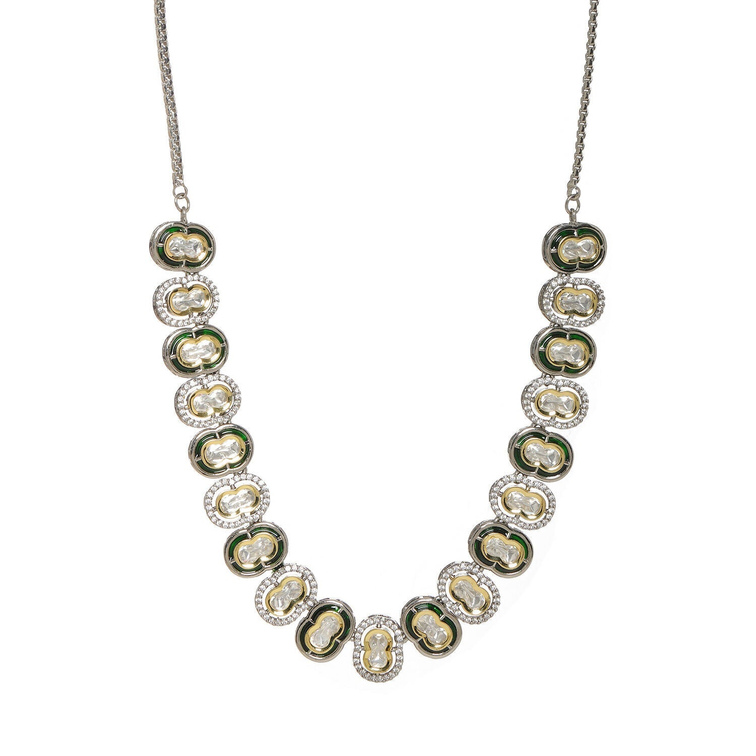 Mufli (peanut) Kundan Neckpiece with Meenakari and American Diamonds (Silver) - Ruby Raang