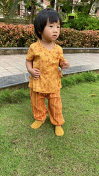Mhyssa Zeke Half Sleeve Wrap Style Yellow and Red T-shirt With Long Pant Set For Kids