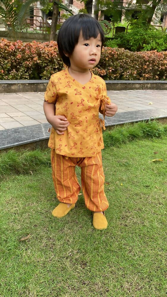 Mhyssa Zeke Half Sleeve Wrap Style Yellow and Red T-shirt With Long Pant Set For Kids