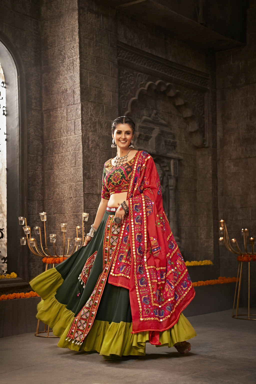 Green Viscose Rayon Thread Embroidered Navratri Lehenga Choli with Dupatta - Raas