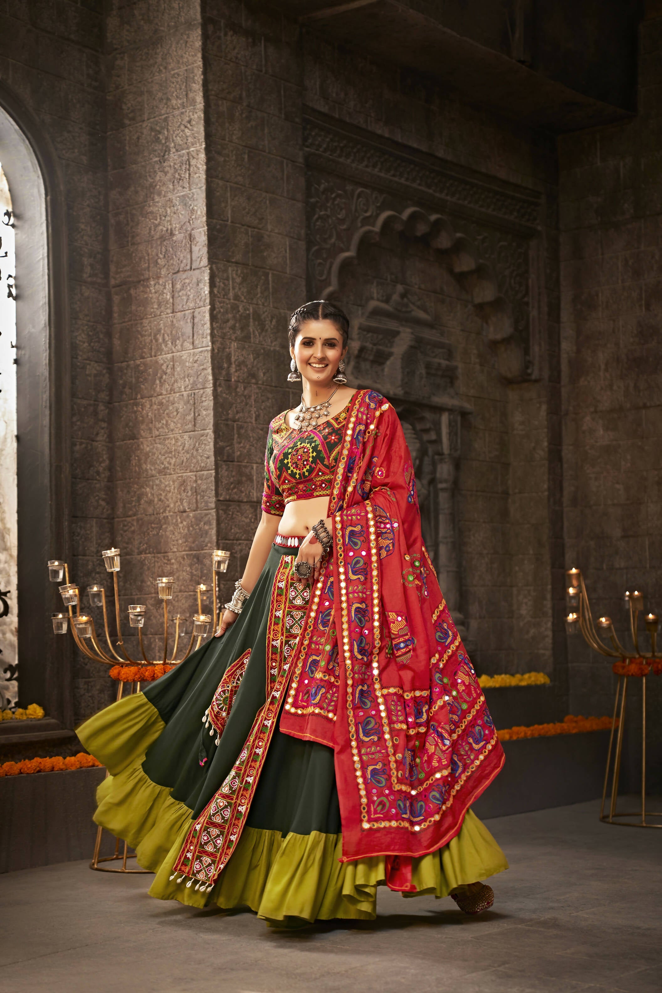 Green Viscose Rayon Thread Embroidered Navratri Lehenga Choli with Dupatta - Raas