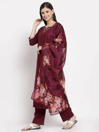 Myshka Women's Burgundy Cotton Solid 3/4 Sleeve Square Neck Casual Kurta Pant Dupatta Set
