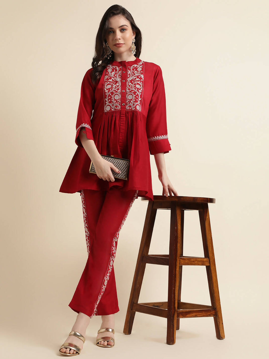 Red Chinon Floral Embroidered Top with Bottom - Maanushi