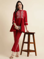 Red Chinon Floral Embroidered Top with Bottom - Maanushi