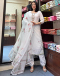 The52 White Women's Gorgeous Georgette Butti Fabric Embroidered Work Straight Kurta Pant and Dupatta Set - Distacart